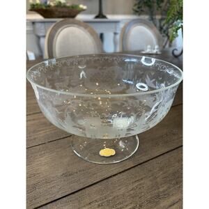 Handarbeit Handmade Etched Glass Footed Bowl Castle Deer Bird Nature Motif